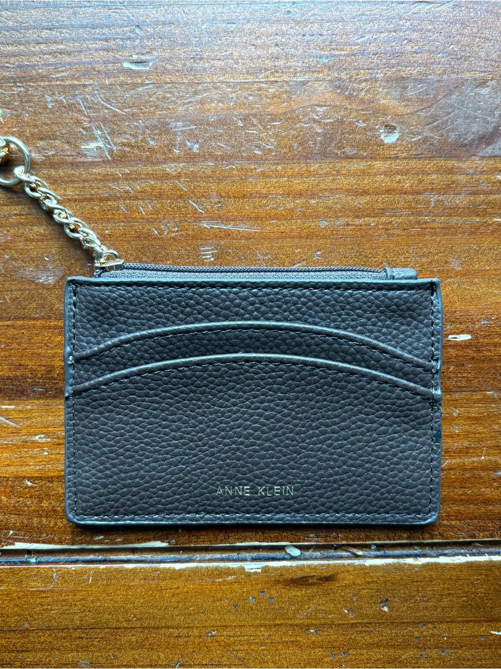 Anne Klein Black Pebbled Card Wallet with Gold Chain
